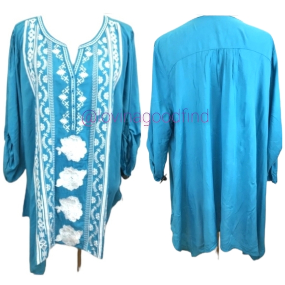 NORDSTROM Andree Rayon Aztec Floral Embroidered Tunic/ Cover Up EUC sz 1X - Picture 2 of 10